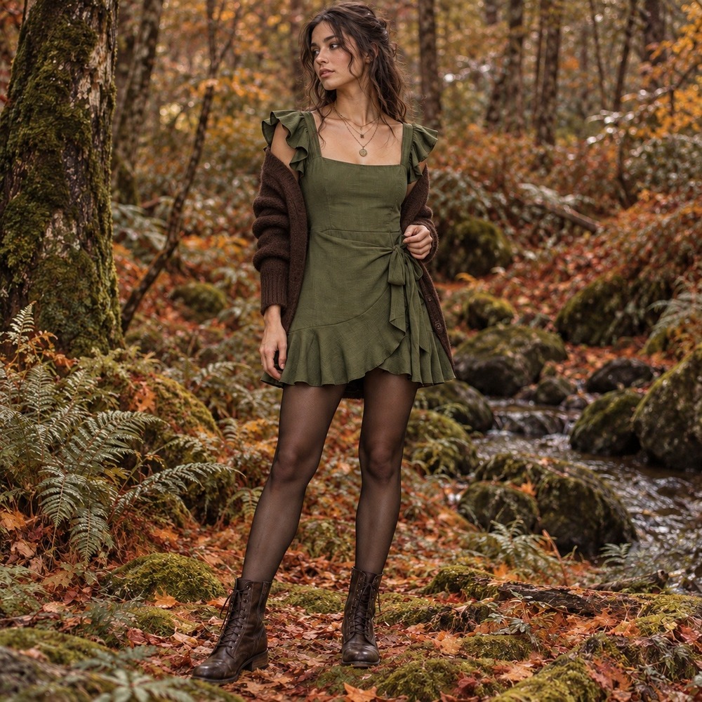 Trixxi Olive Green Ruffle Faux Wrap Mini Dress Sz M Forest Fairy Grunge Granola